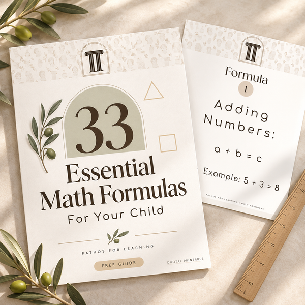 33 Essential Math Formulas printable guide with an adding-numbers sample page.