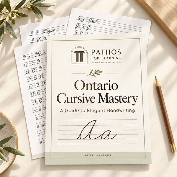 Ontario Cursive Mastery printable workbook with the Pathos for Learning logo and cursive handwriting sample pages.