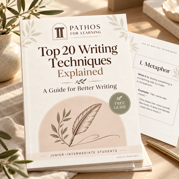 Top 20 Writing Techniques Explained printable guide with a metaphor sample page.